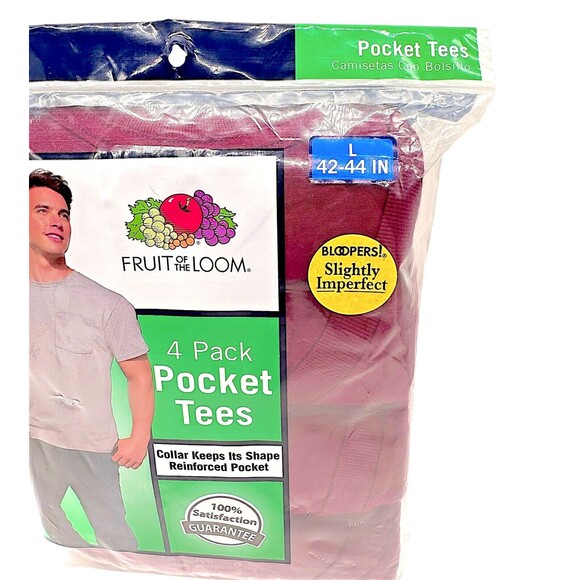 NEW Fruit of the Loom Bloopers Pocket Tees 4Pk Maroon Large - Picture 2 of 8